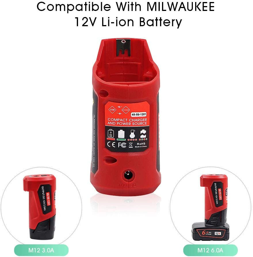 12V USB Power Source Replacement for Milwaukee M12 12V Battery Charger Adapter