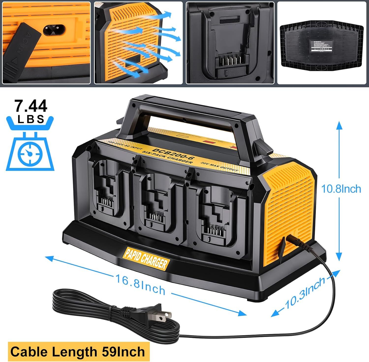 6-Ports Rapid Battery Charger Station for Dewalt 20V/60V Battery DCB200 DCB206