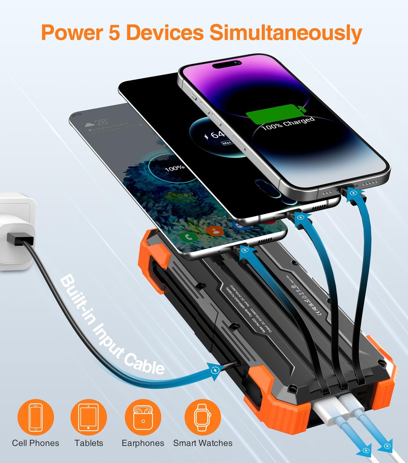 GOODaaa 42800mAh Portable Charger, Built-in 4 Cables, Thermometer, 15W Fast Char