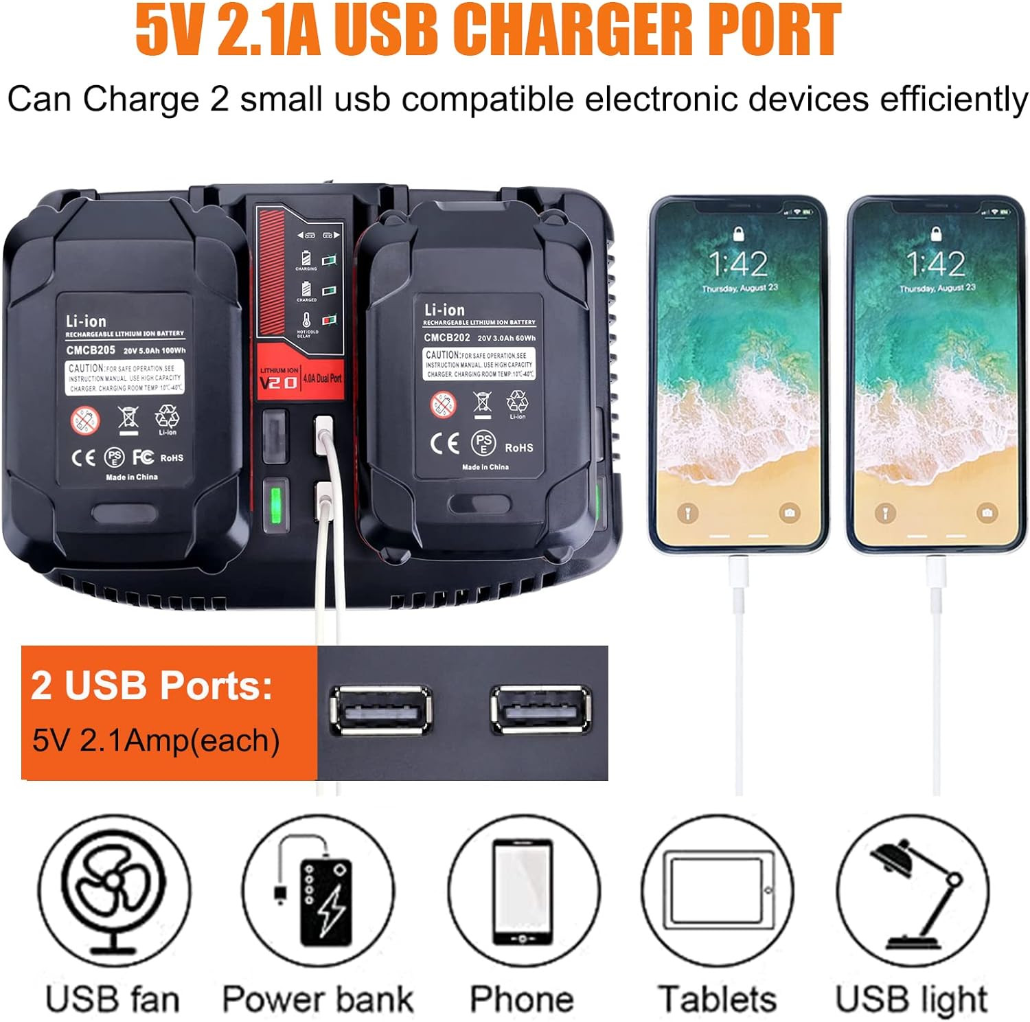 CMCB124 Dual Port V20 Battery Fast Charger Replacement for Craftsman 20V MAX V20