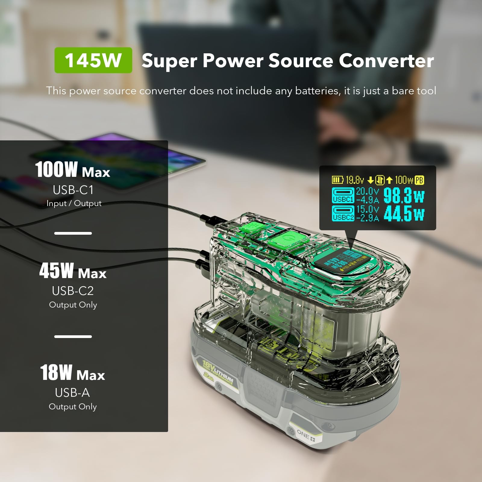 Symik 100W Charger 145W Power Source Converter For Ryobi 18V Batteries Advanced