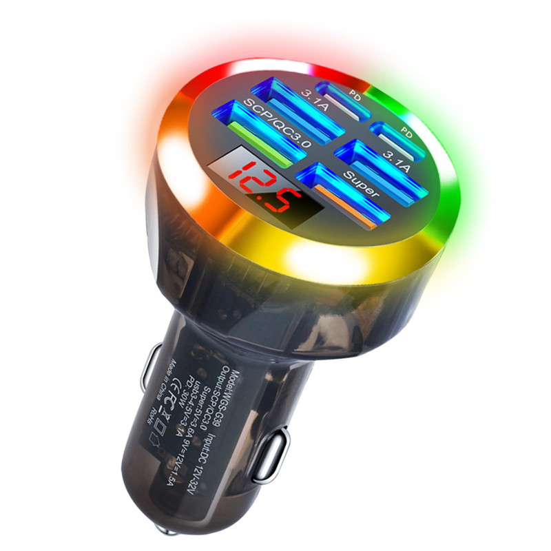 Uyuxio Super Charge Usb C Car Phone Charger Adapter 6 In 1 Voltage Display 250W