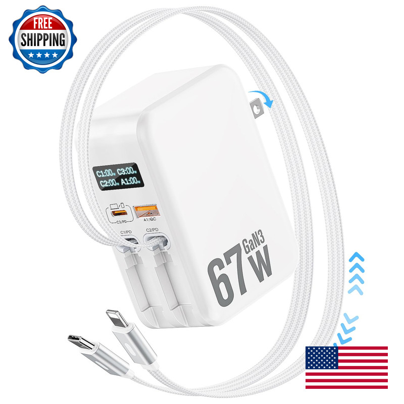 Jasput 67W Retractable Phone Charger Wall Plug4 In 1 Retractable Wall Charger