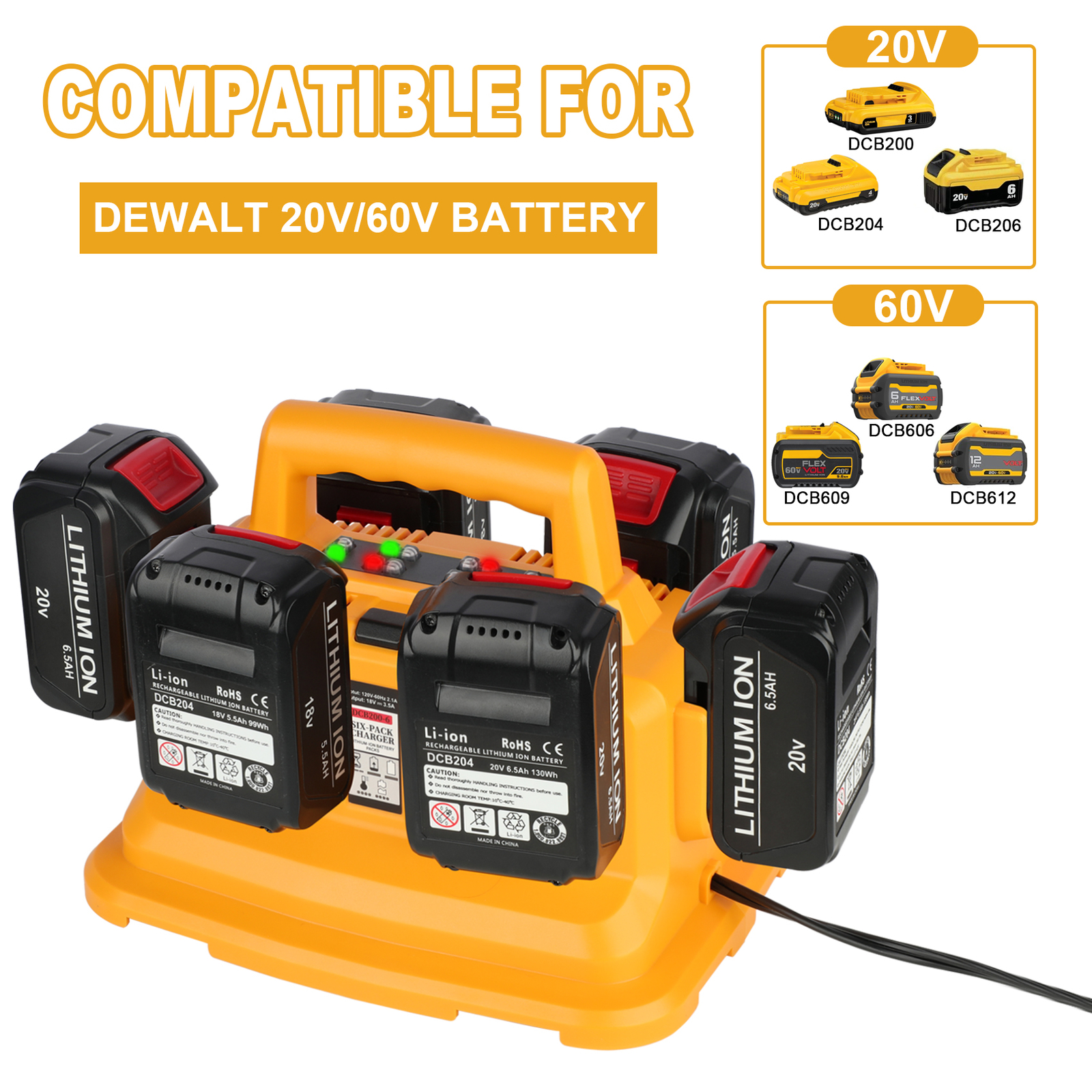 6-Port Charger Station for Dewalt 20V Max/60V Flexvolt DCB200 DCB203 DCB204