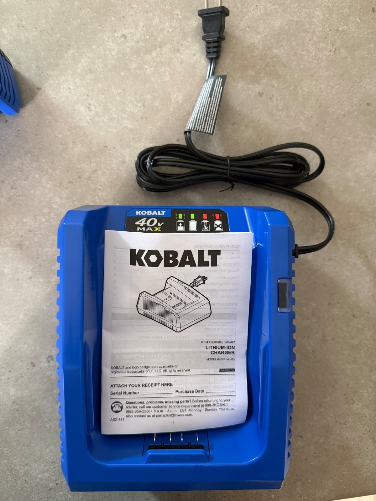 NEW- Kobalt 40 Volt MAX Lithium-Ion Battery Charger – Charger Only