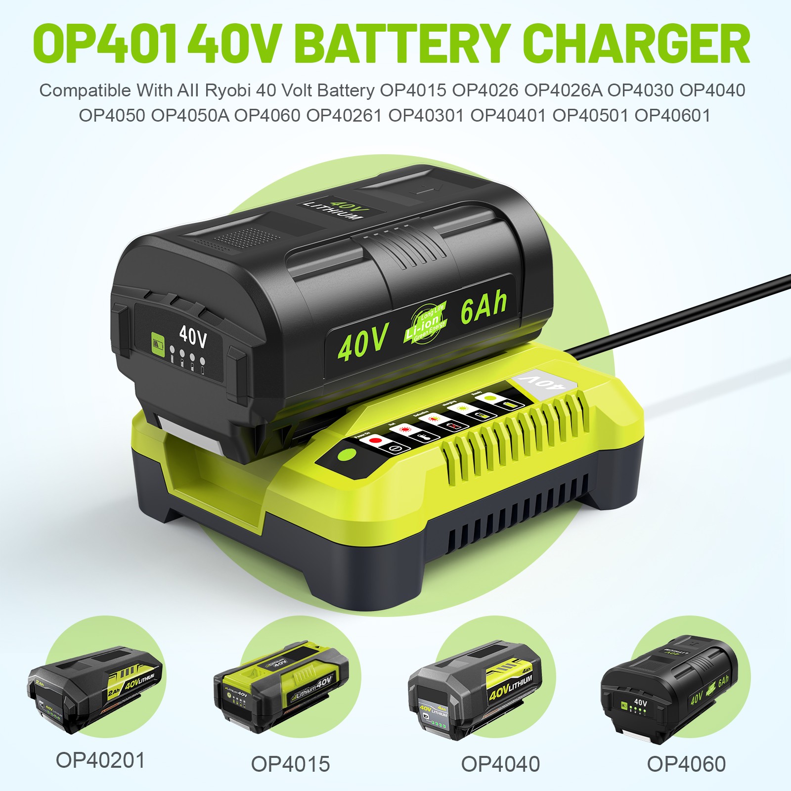 40V Rapid Charger For Ryobi 40 Volt OP406VNM Lithium Battery OP408VNM OP40602