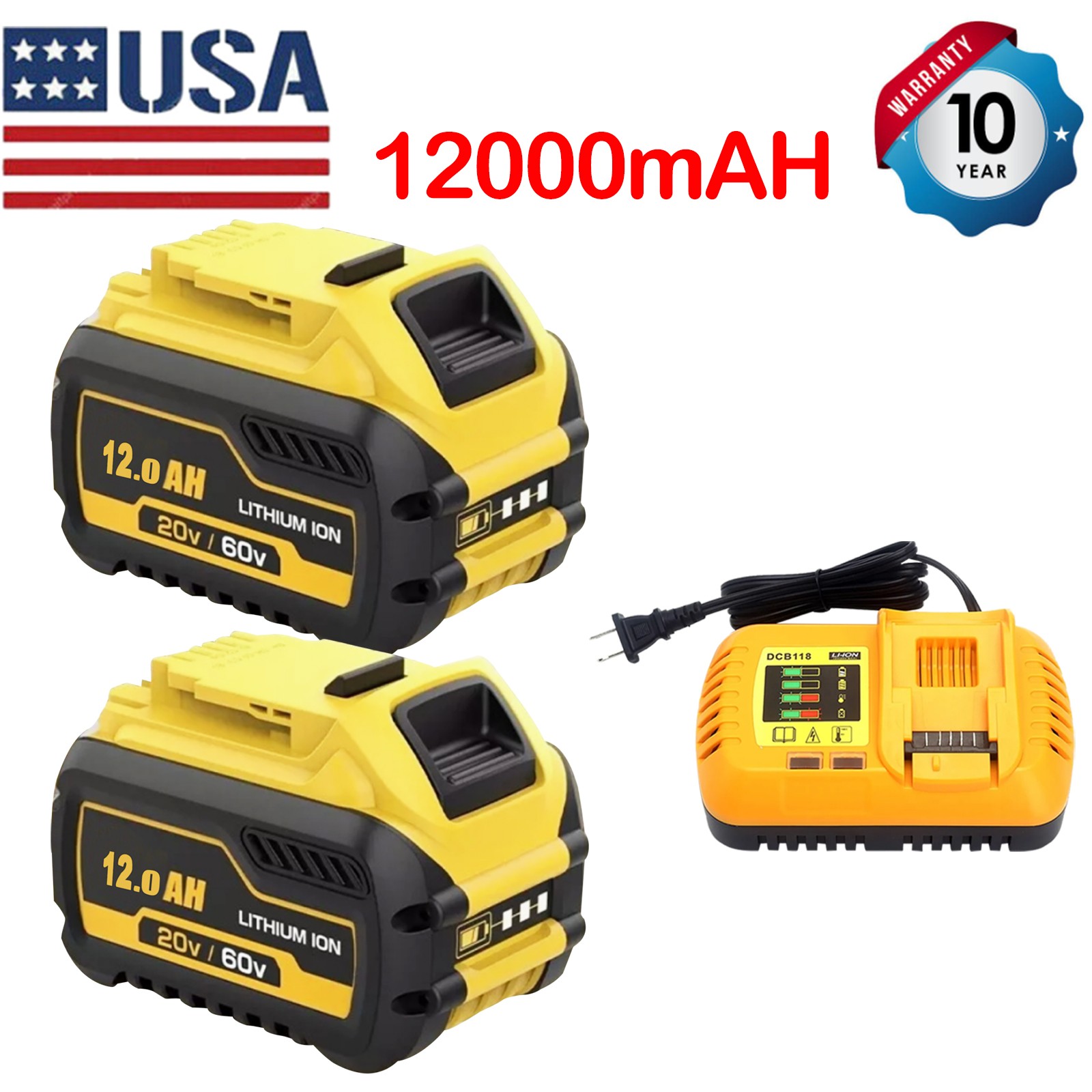 2PCS 12Ah Replacement DCB606-2 Battery for Dewalt 20V 60V Max Battery & Charger/