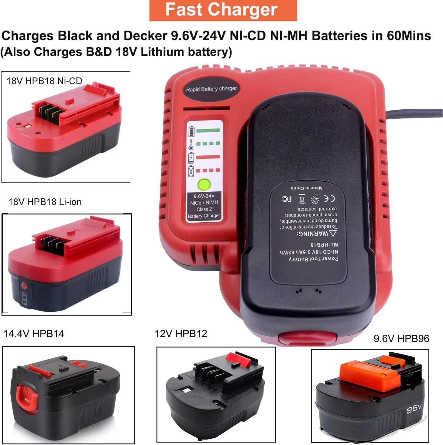 18V-24V Fast Battery Charger for Black Decker HPB18 HPB18-OPE NiCd NiMh Battery