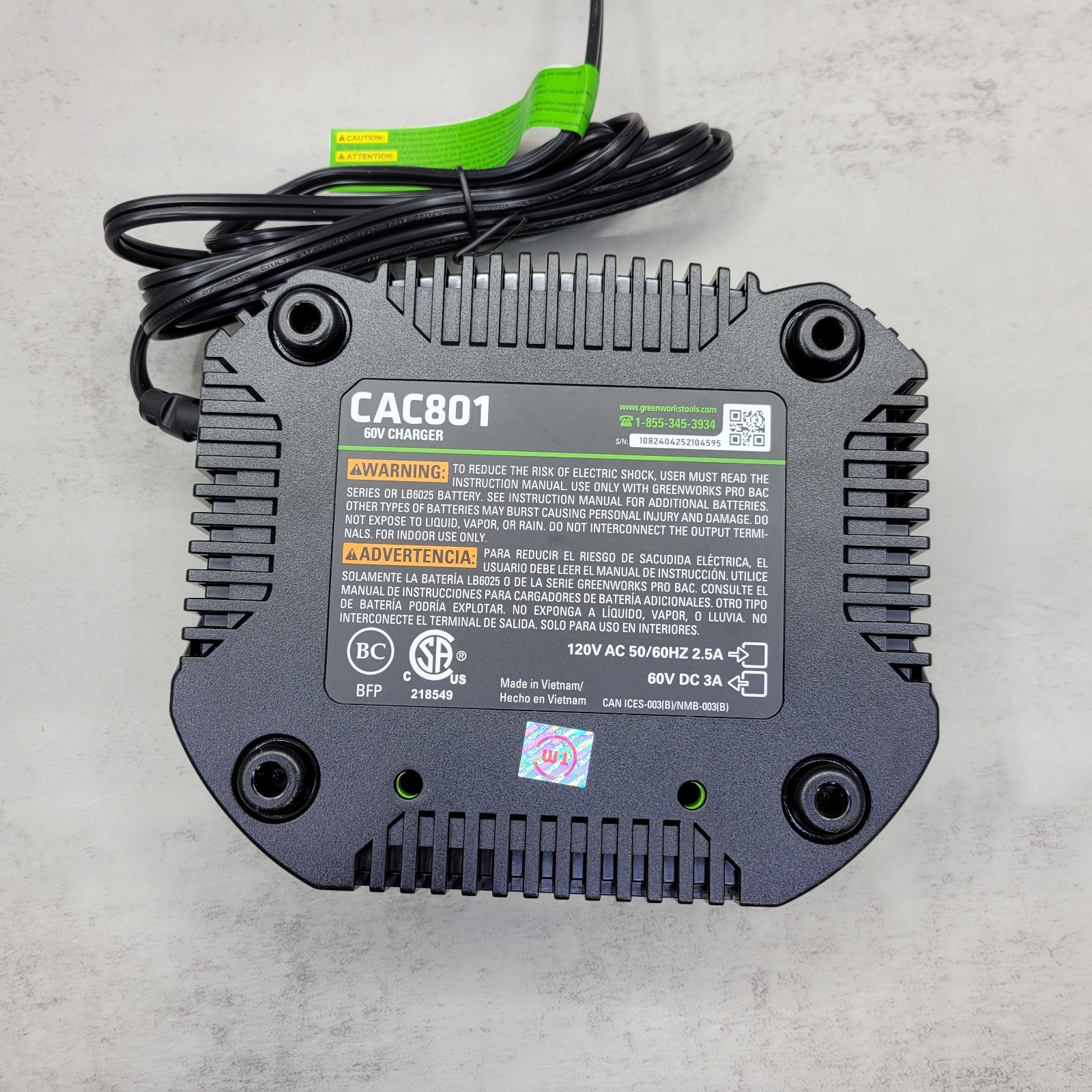 Greenworks Pro UltraPower 60V Li-Ion Battery Charger 120V (CAC801) ™