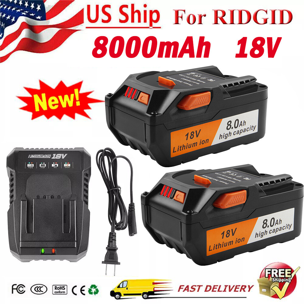 2X for Ridgid R840087 8.0Ah Lithium Battery R86092 AEG 18V Cordless with Charger