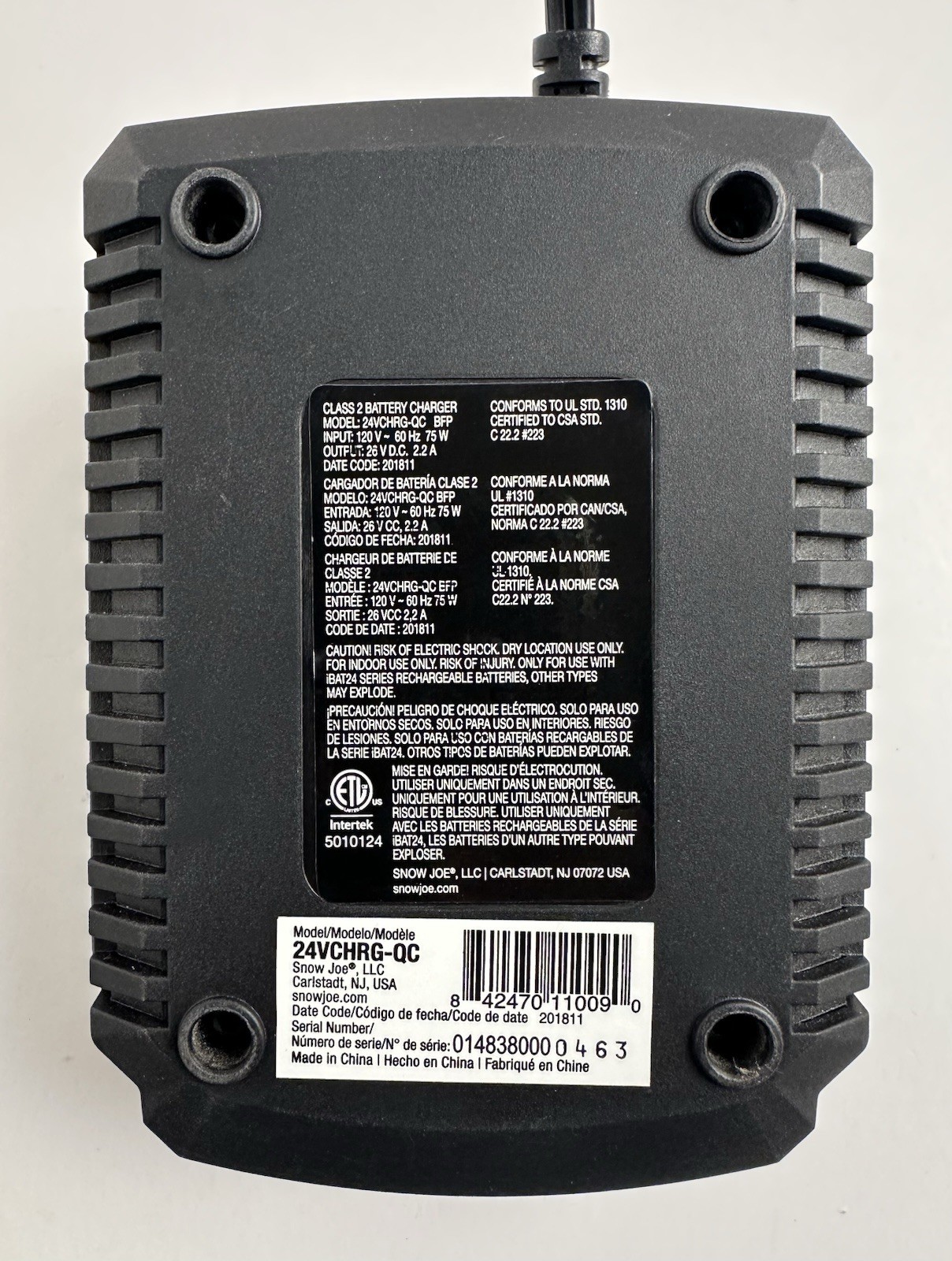 SunJoe & SnowJoe 24V Li-ion Quick Battery Charger Model ( 24VCHRG-QC ) Tested