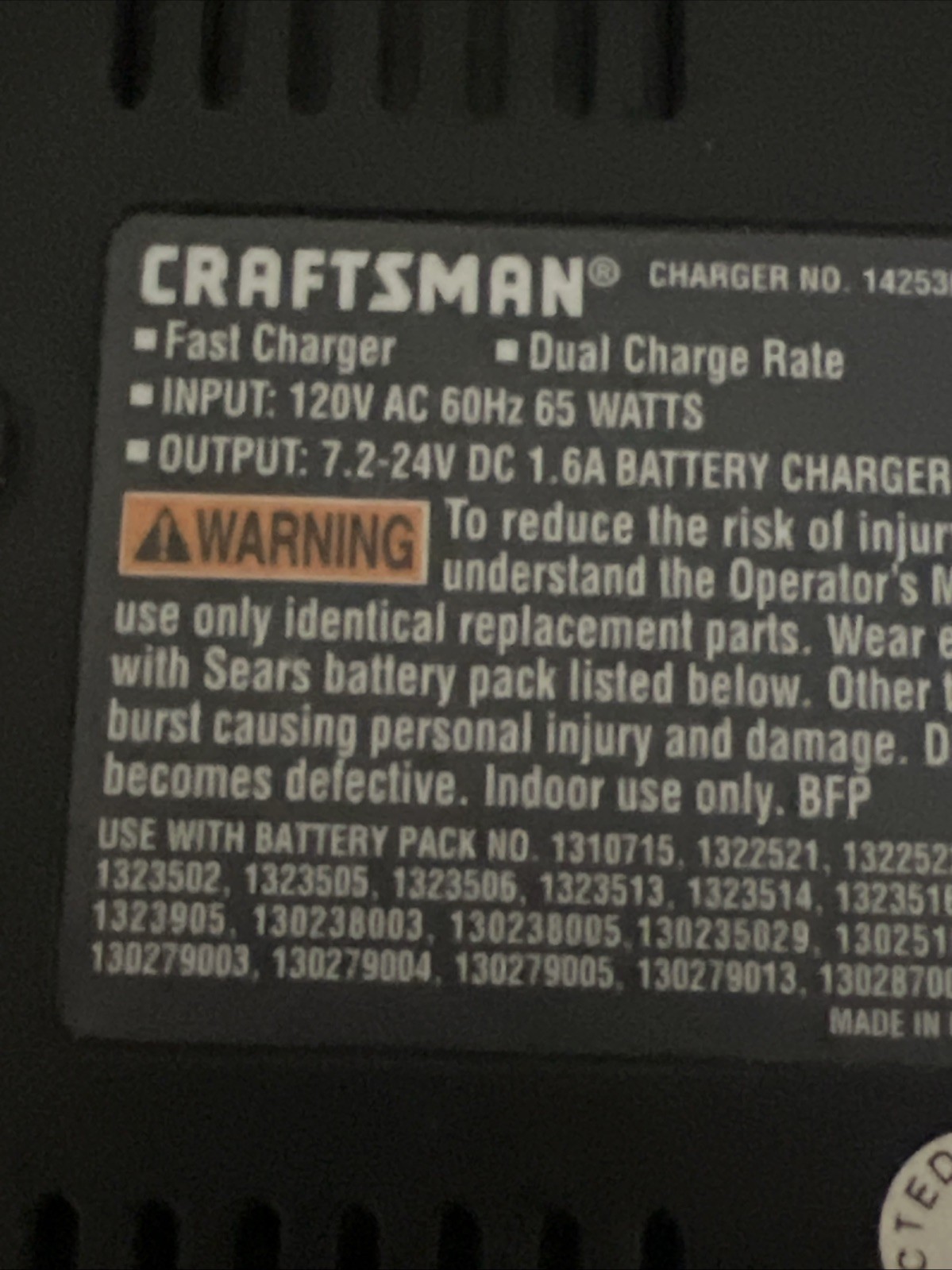 Craftsman BATTERY CHARGER OEM 1 Hour Fast 7.2V 12V 18V 19.2V 24V 1425301 BD0637