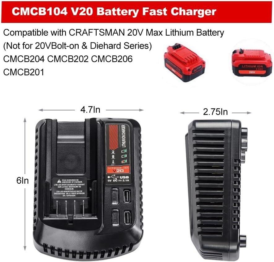 CMCB104 V20 Battery Portable Fast Charger for Craftsman 20v Max Li-ion Battery