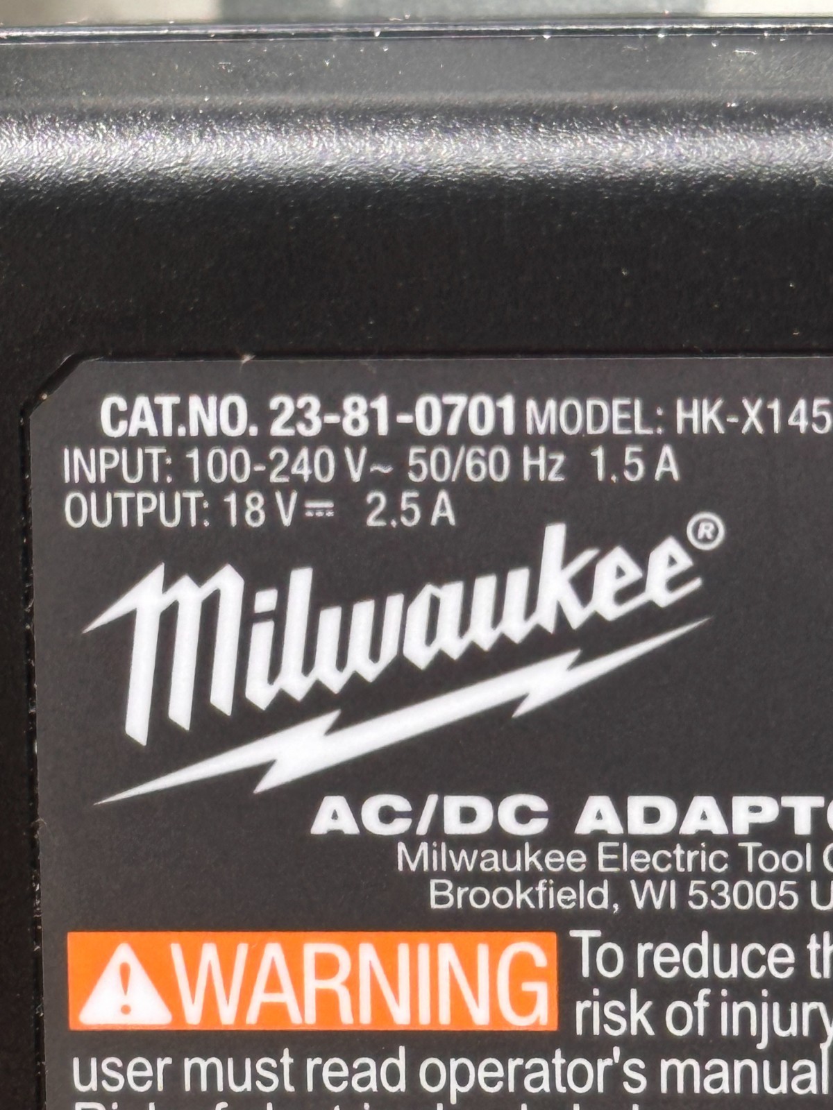 GENUINE MILWAUKEE AC/DC Adapter 18V 2.5A HK-X145-A18 23-81-0701 OEM Plug