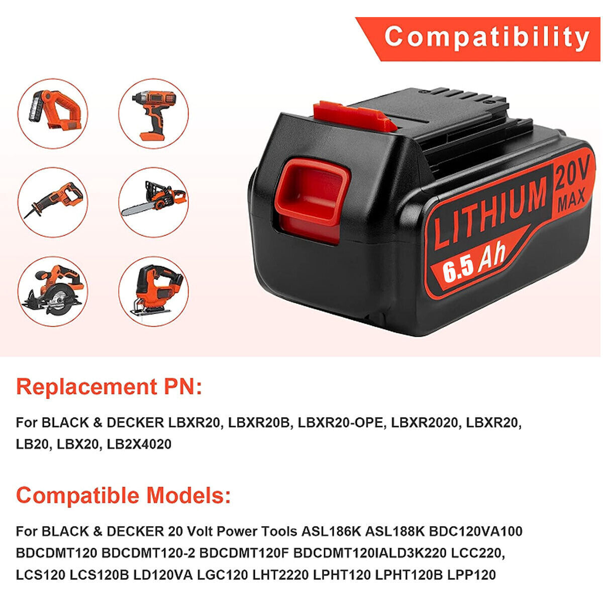 8.0Ah 20V MAX Battery for Black + Decker 20V Lithium LB20 LBX20 LB2X4020 LBXR20