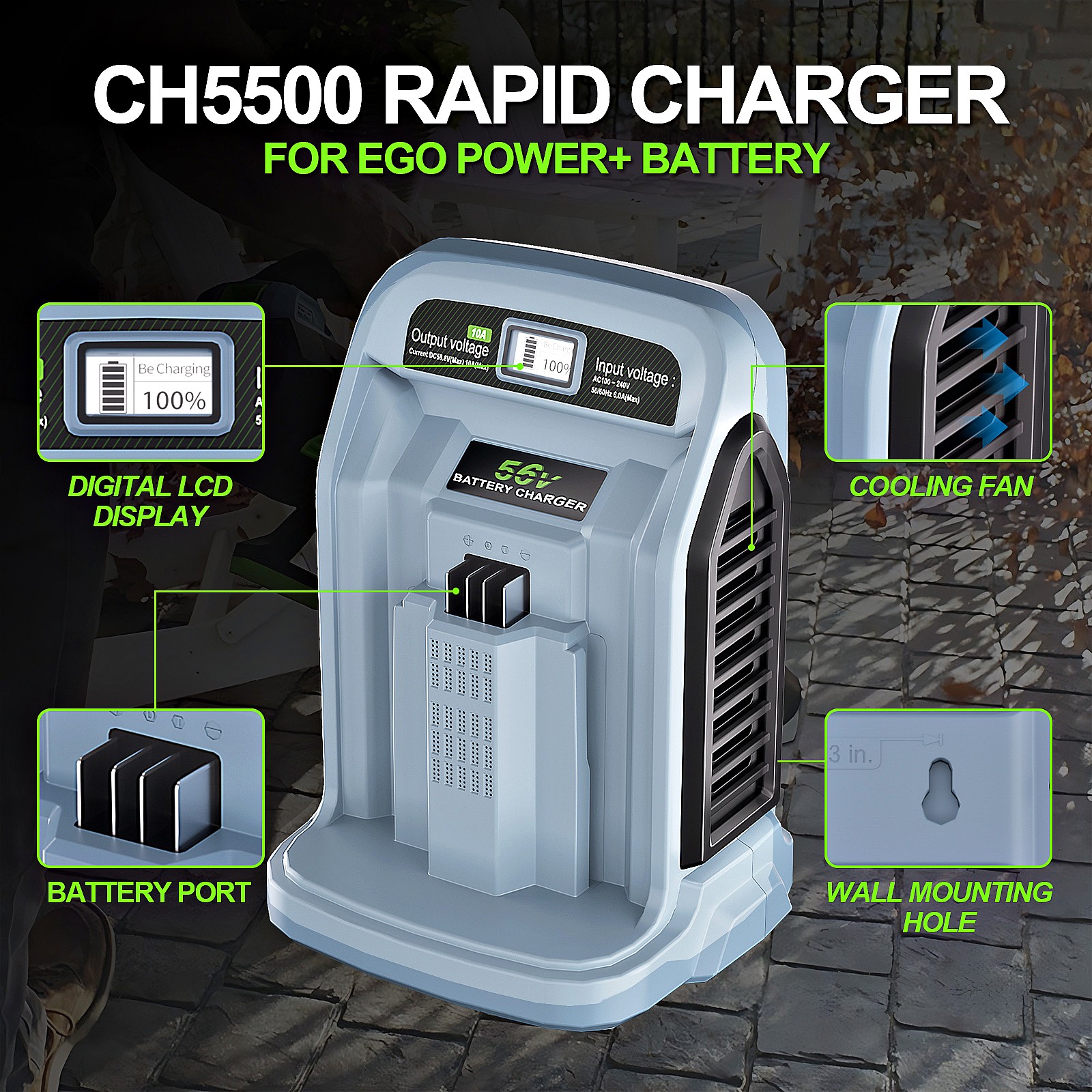 10.0A Rapid Charger For EGO 56V Battery BA1400T BA2242T BA2800T BA4200T BA3360T