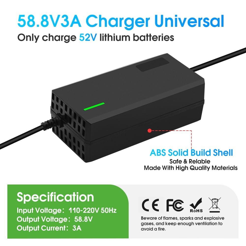 58.8V 3A Charger with 6-in-1 Plug for 52V Lithium Batteries – Car, Truck, Lawn M