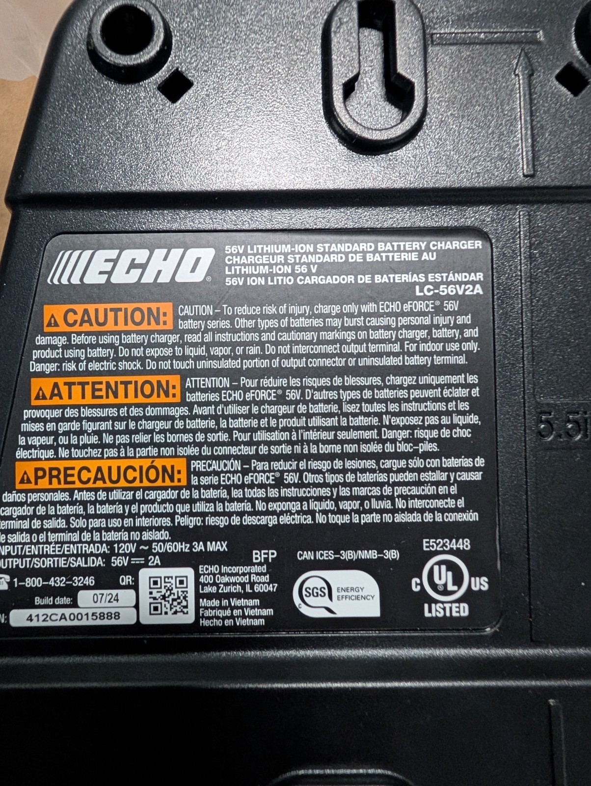 Echo LC-56V2A 56V Battery System Standard Charger with On-Board LED Diagnostics