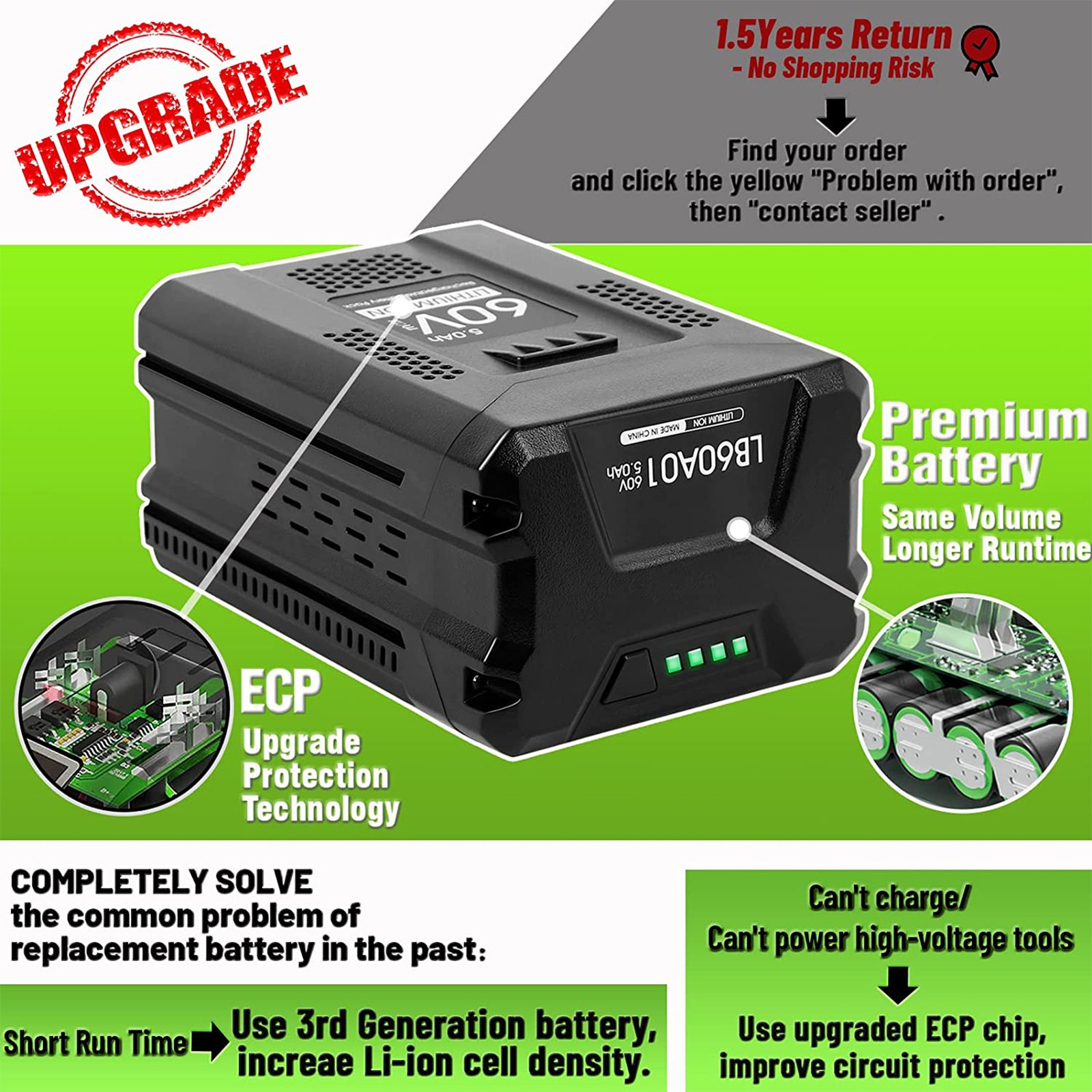5.0Ah Battery + 6A Rapid Charger Kit For Greenworks 60V LB60A03 LB60A02 LB60A00