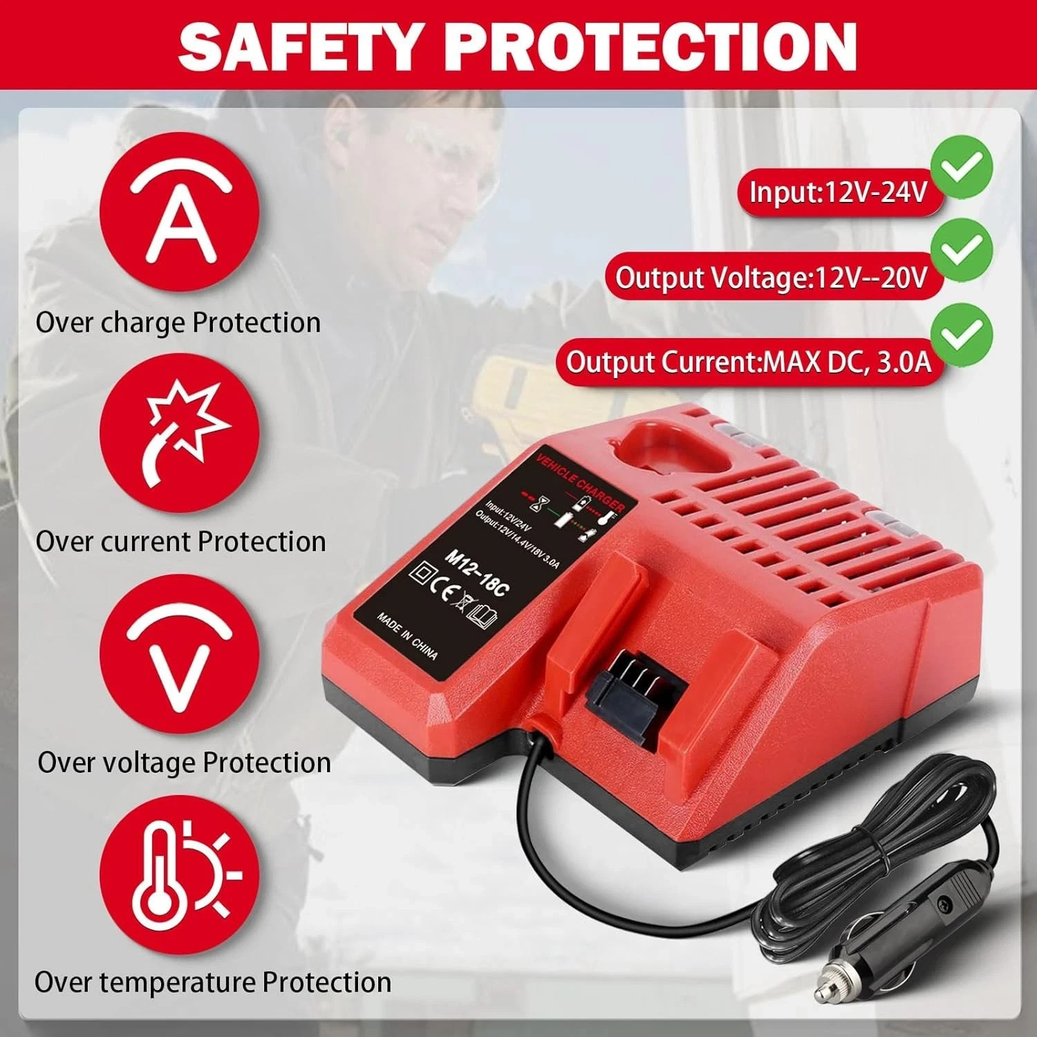 M12 & M18 Multi Voltage Car Charger Milwaukee 12V-18V Lithium Red