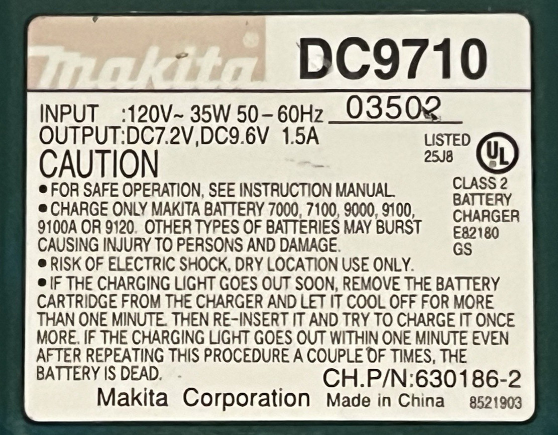 Makita DC9710 Battery Charger 120V 35W 50-60Hz DC7.2V DC9.6V 1.5A