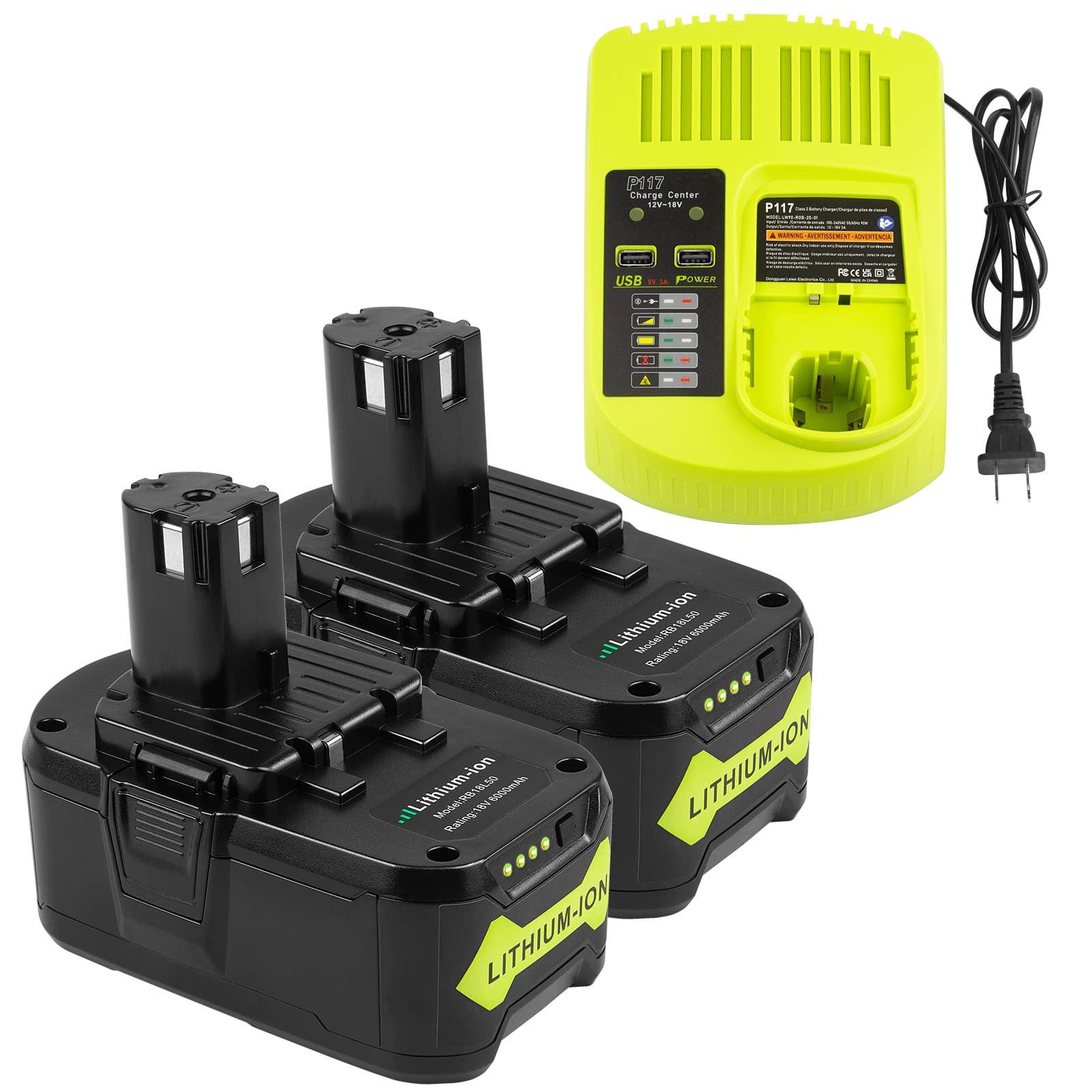 Aryee 2Pack 6.0Ah 18Volt Replacement For Ryobi 18V Lithium Battery One Plus
