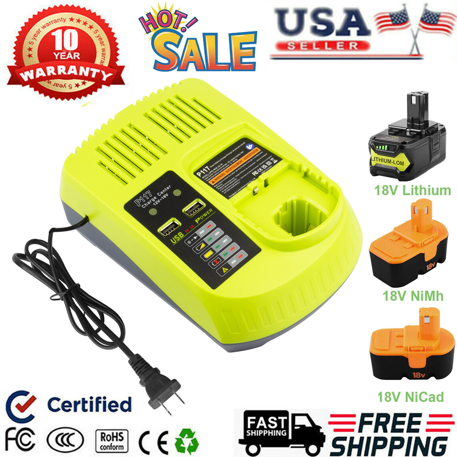 P117 For RYOBI P108 18V High Capacity P107 P103 18V Ni-Mh Li-ion Battery Charger