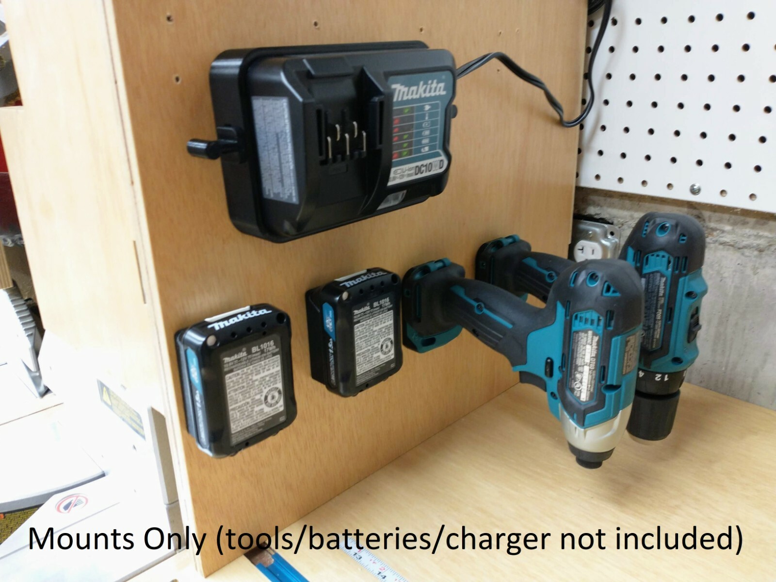 Wall Mount Holder for Makita DC10WD and Optional Mounts for Tools and Batteries