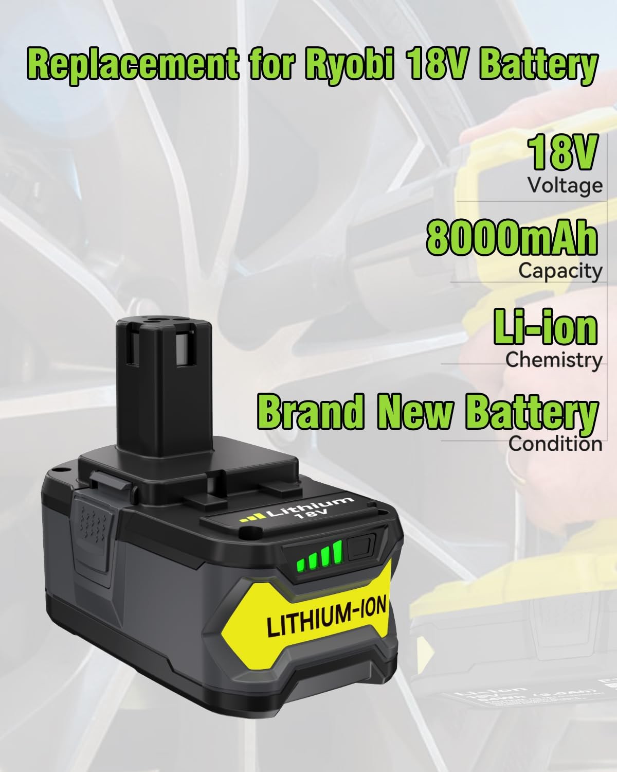 Upgraded 2Pack 8.0Ah Replacement for Ryobi 18V Battery and P117 3Pack, Black