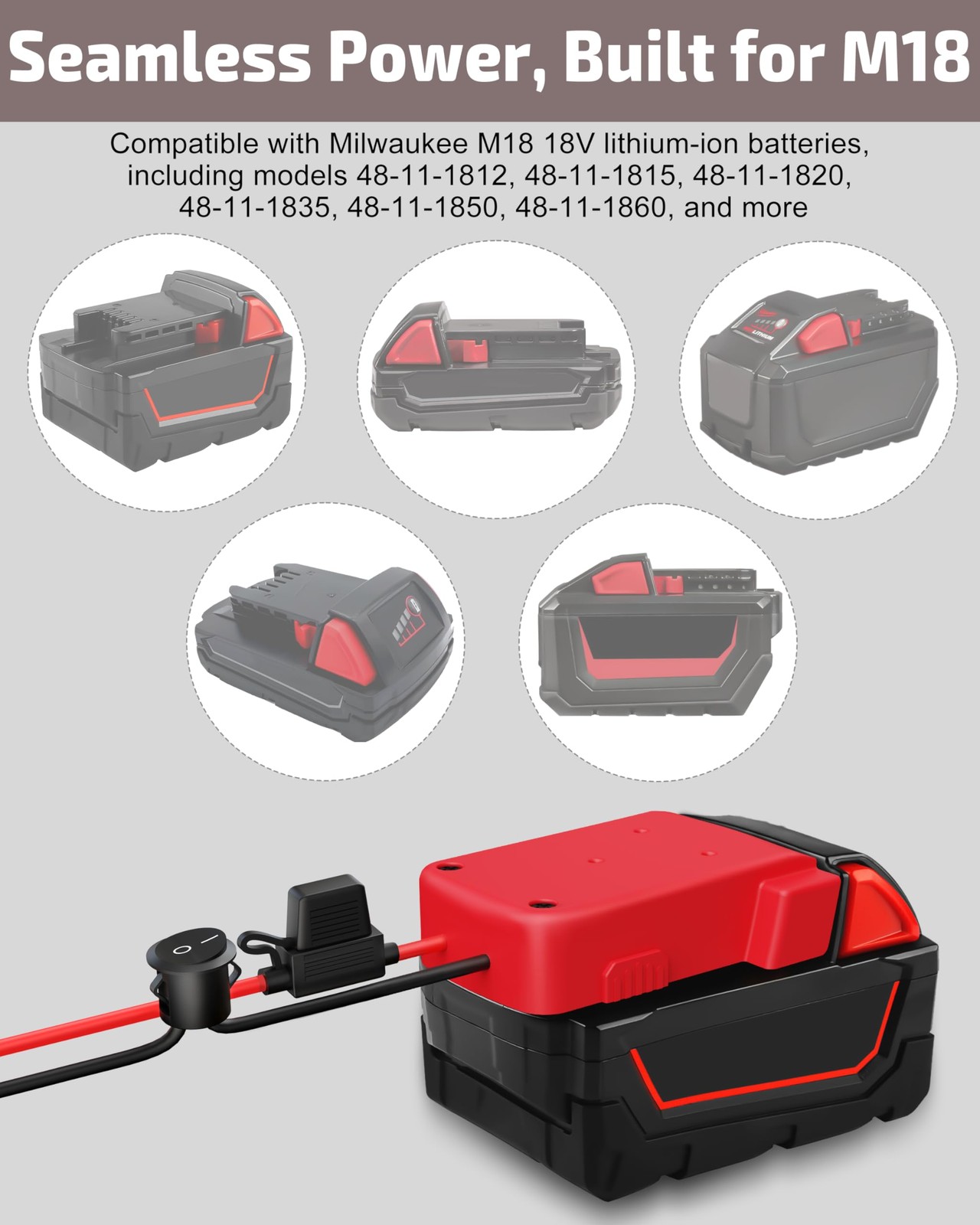 1-Pack 18V for Milwaukee M18 Battery Adapter with Switch, Red
