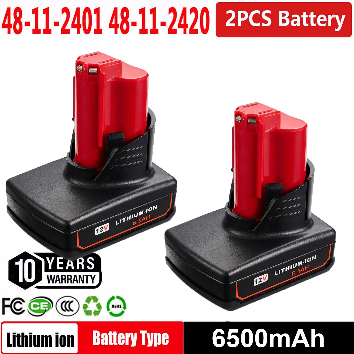 2Pack 8.0Ah Battery For Milwaukee for M12 LITHIUM Extended Capacity 48-11-2460