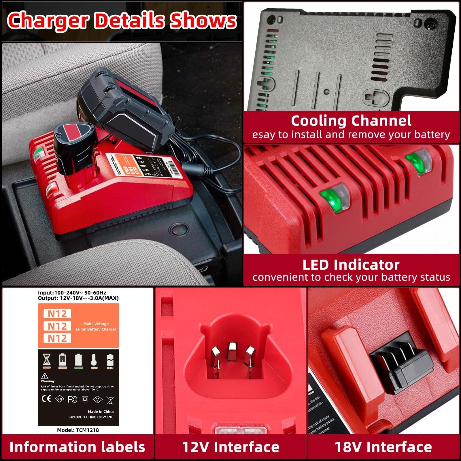 Multi-Voltage Lithium-Ion Battery Charger for 12V/18V Tools, Rapid Charging
