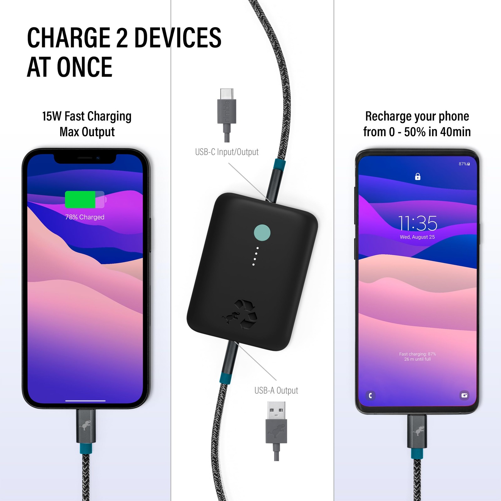 Nimble Champ Lite Portable Charger 5200Mah Charging Power Bank 15W Usb C And A