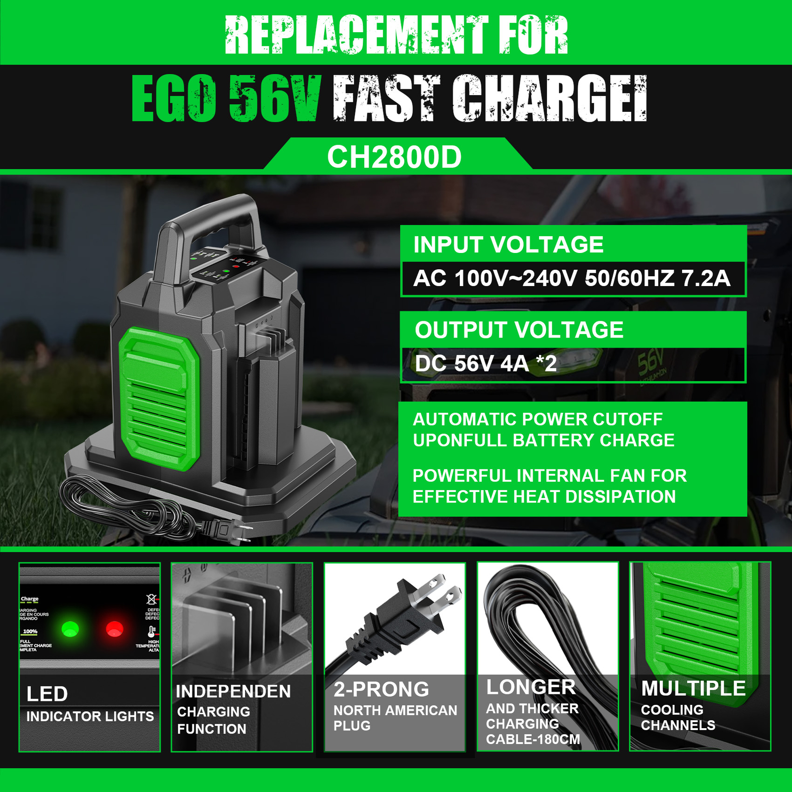 CH2800D Dual Port Fast Charger for EGO Power+ 56V Battery BA2800T BA4200T BA1400