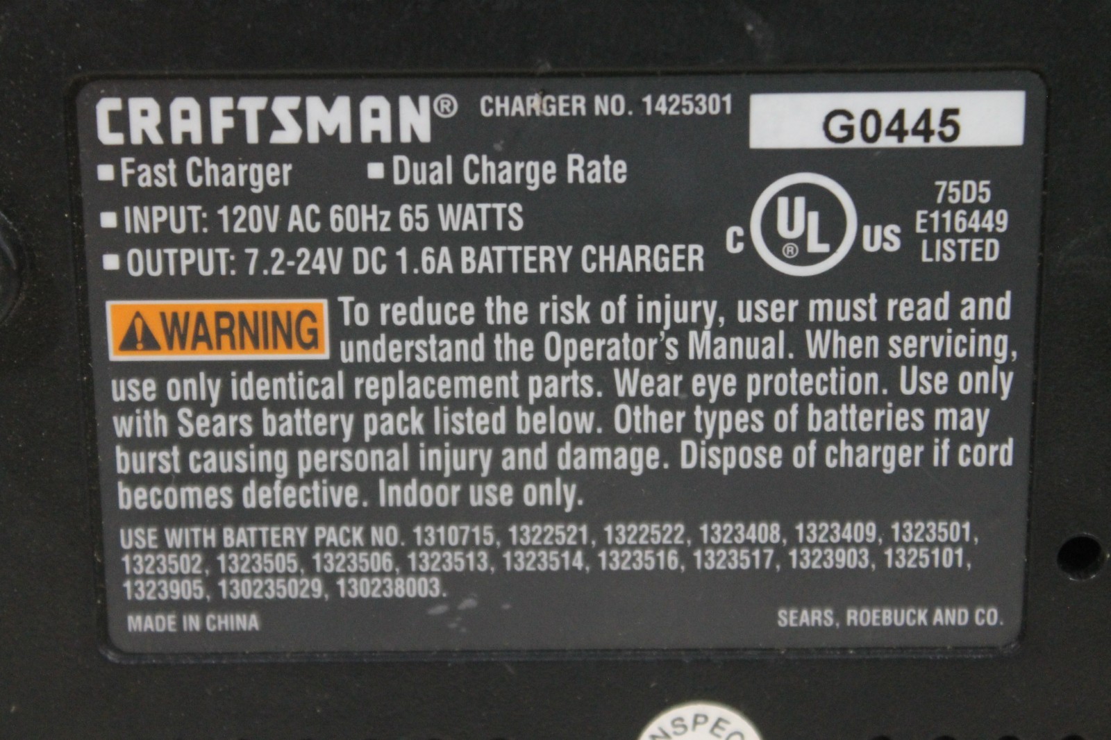 TESTED Craftsman 7.2V-24V Genuine OEM NiCd ONLY Battery Charger 1425301