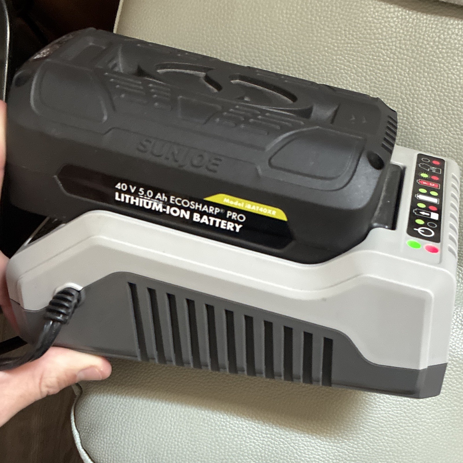 Sun Joe 40V EcoSharp Lithium-Ion Battery Charger ICHRG40 w/ Battery, Gray