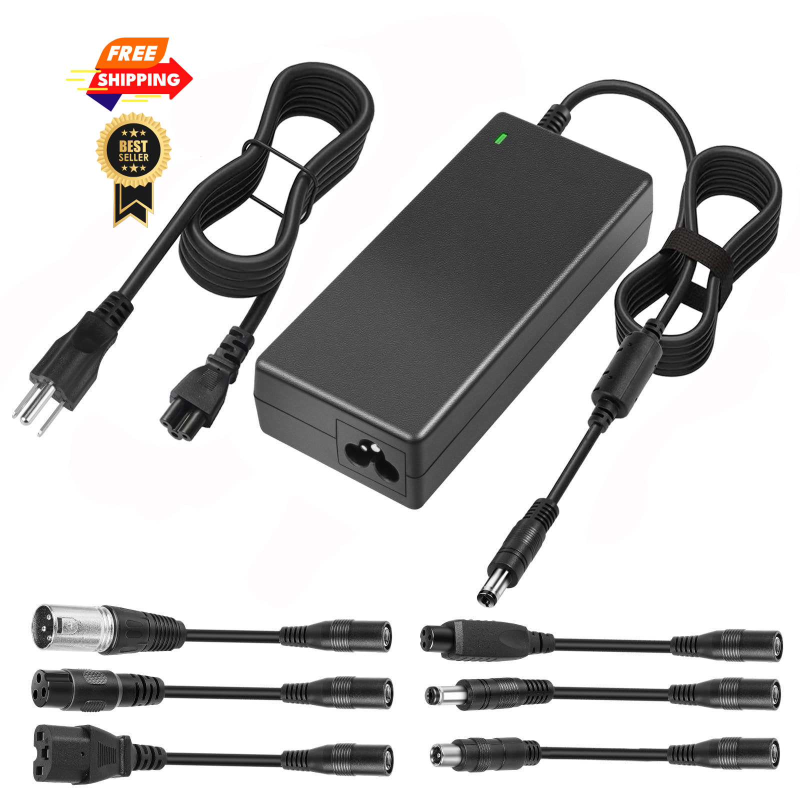 42V 2A Charger with 7 Plugs 7 for 36V Lithium, black