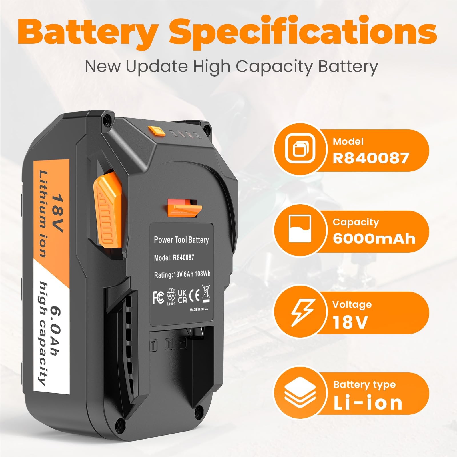 Aryee 18V 6000Mah Battery Replacement Compatible Ridgid 18V Drill R840087