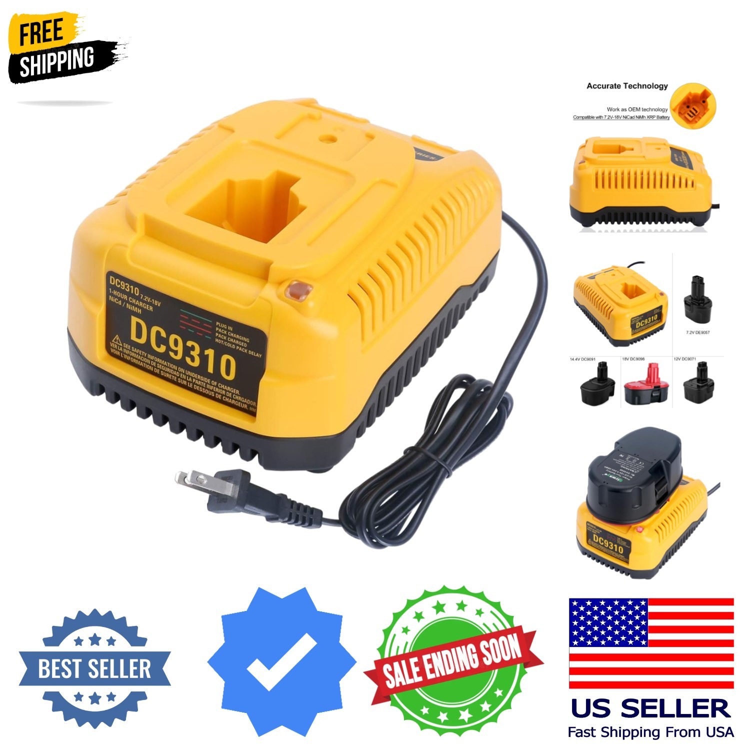 DC9310 Charger Compatible with De-Walt 18V XRP NiCad NiMh DC9096 DC9098 DC909…