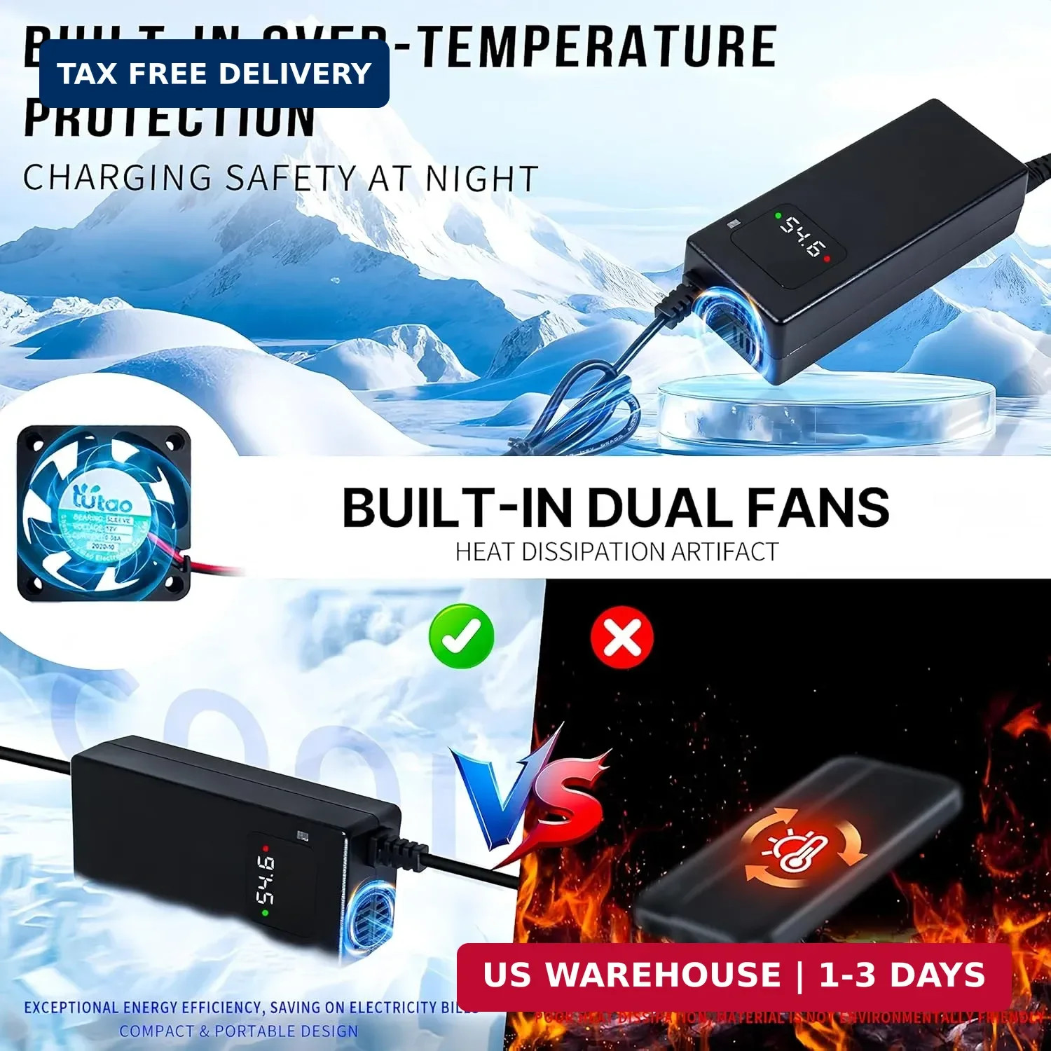 48v Lithium Battery Charger,54.6v 2A Power Charger Adapter DC 1 Prong 5.5 2.1mm