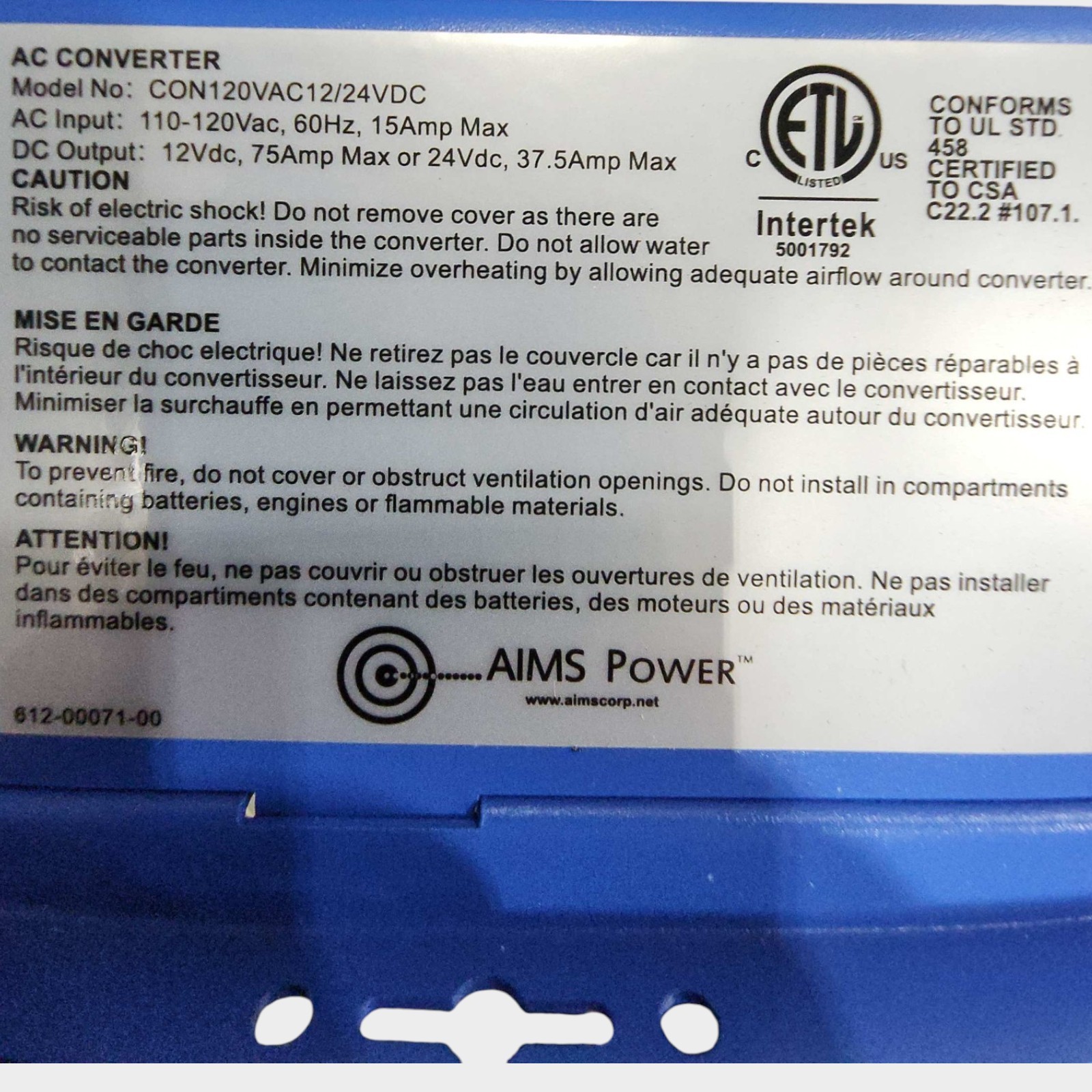 Aims Power Con120AC1224DC AC Converter & Battery 12V or 24V Smart Charger 75 amp