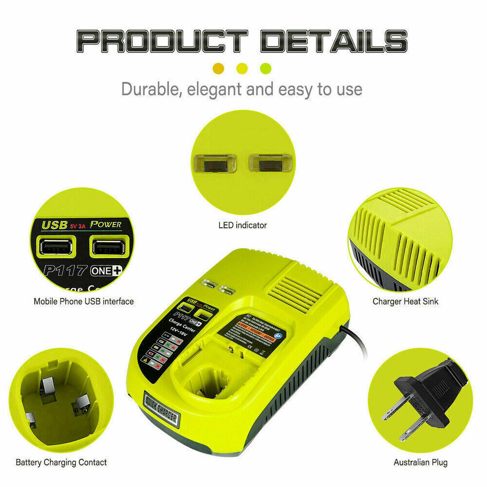 P117 Battery Charger For RYOBI One Plus High Capacity 18Volt Lithium-Ion P108