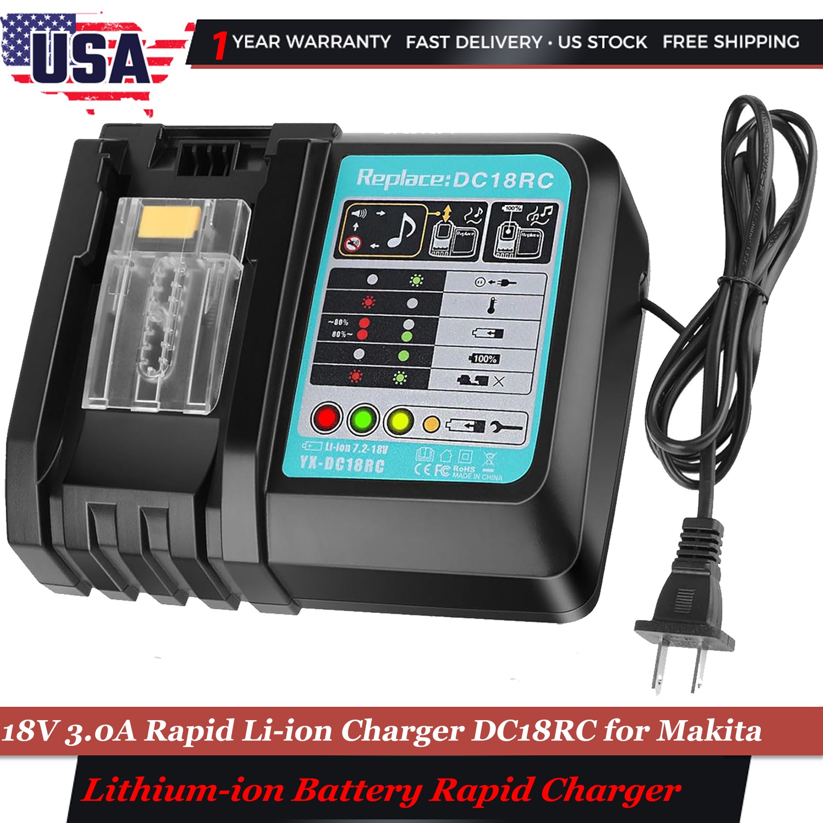 1x DC18RC Fast Charger For Makita 14.4V-18V 3A Lithium‑Ion Battery Rapid Charger