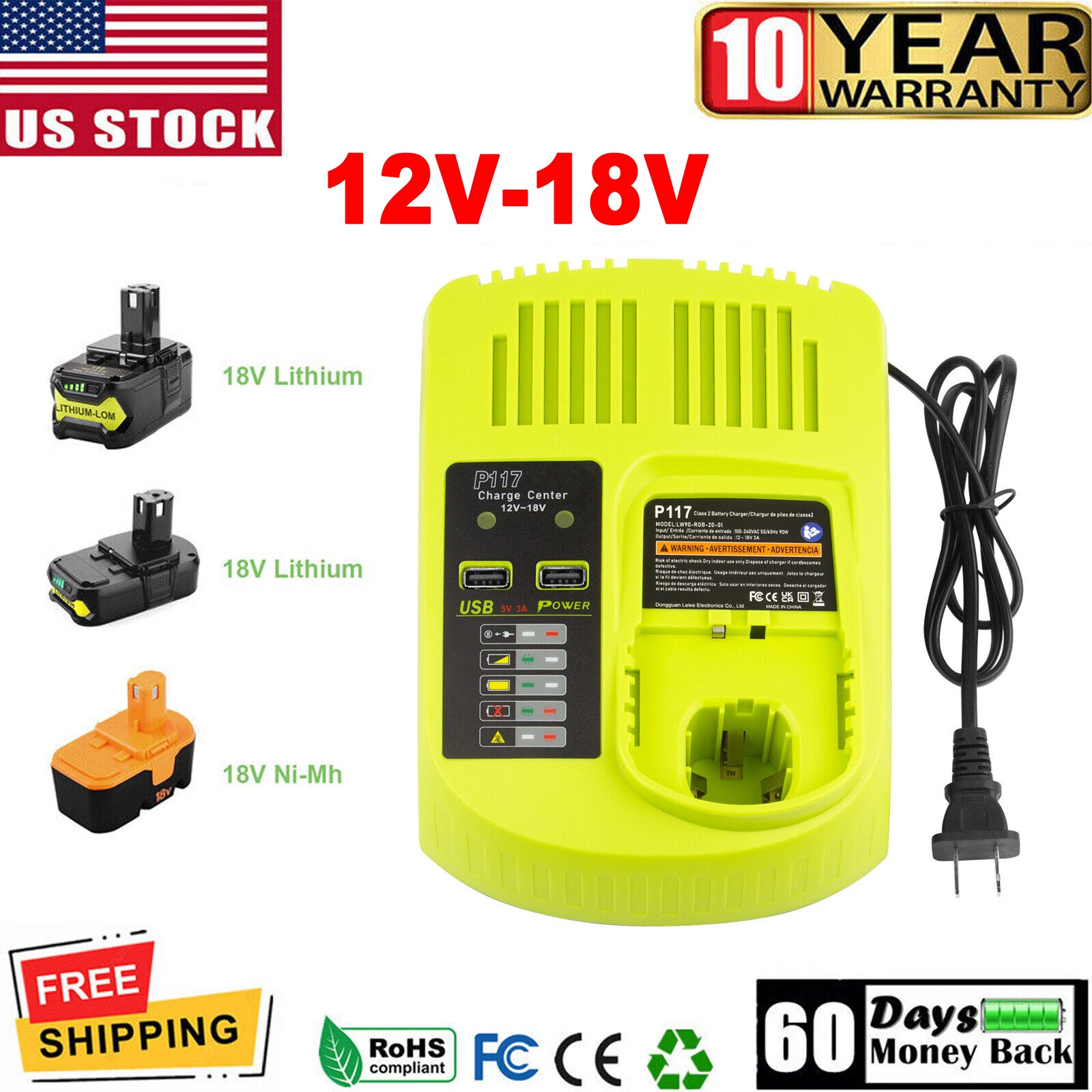 Rapid Charger P117 For RYOBI P108 18V One Plus High Capacity Lithium-ion Battery