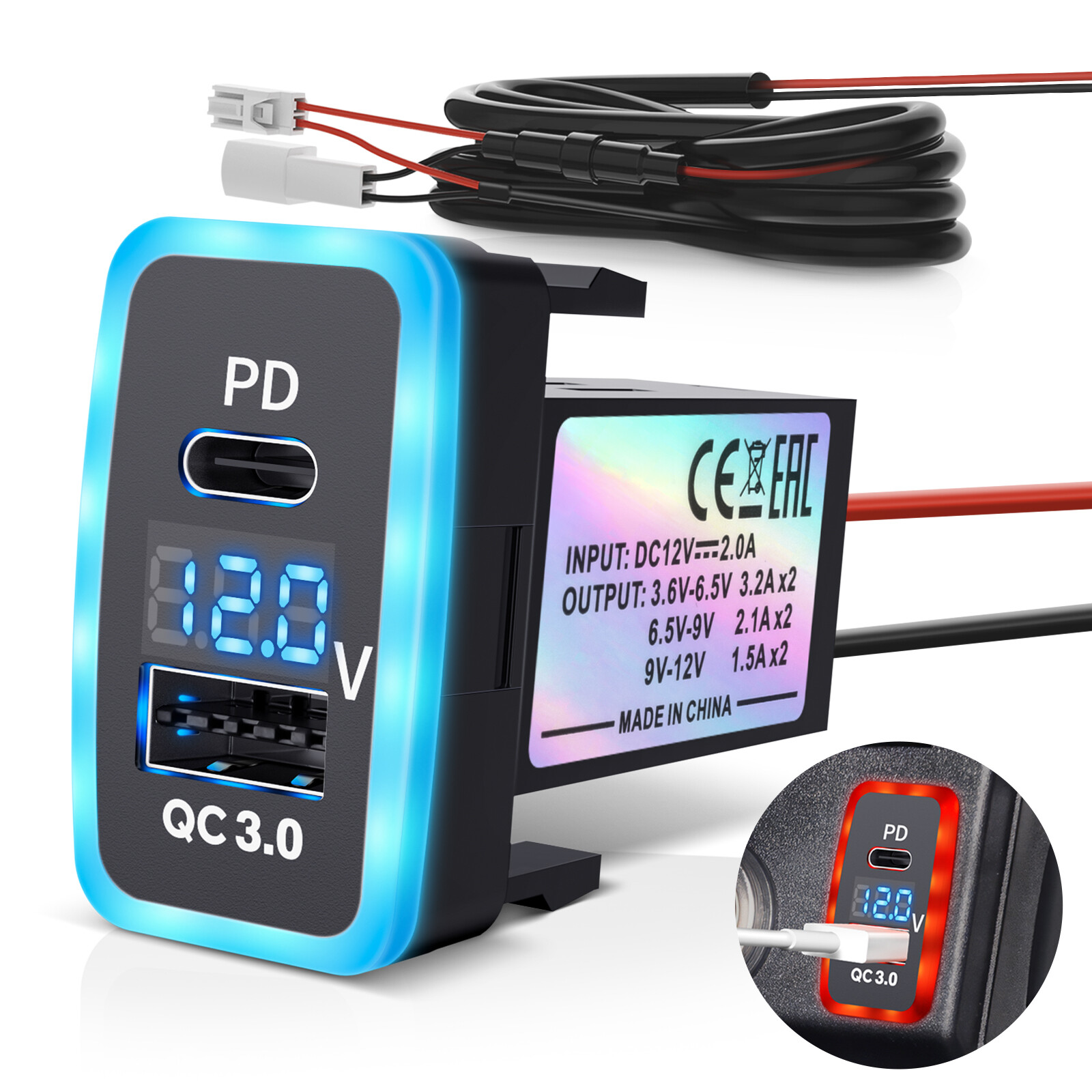 MICTUNING PD3.0 USB QC3.0 Quick Car Charger 6.4A Voltmeter for Toyota 1.6 x 0.9″