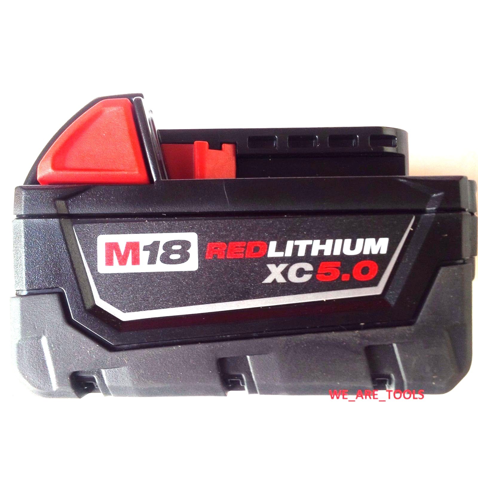 (5) New 18V Milwaukee 48-11-1850 5.0 AH Batteries, (1) Charger, M18 18 Volt Red
