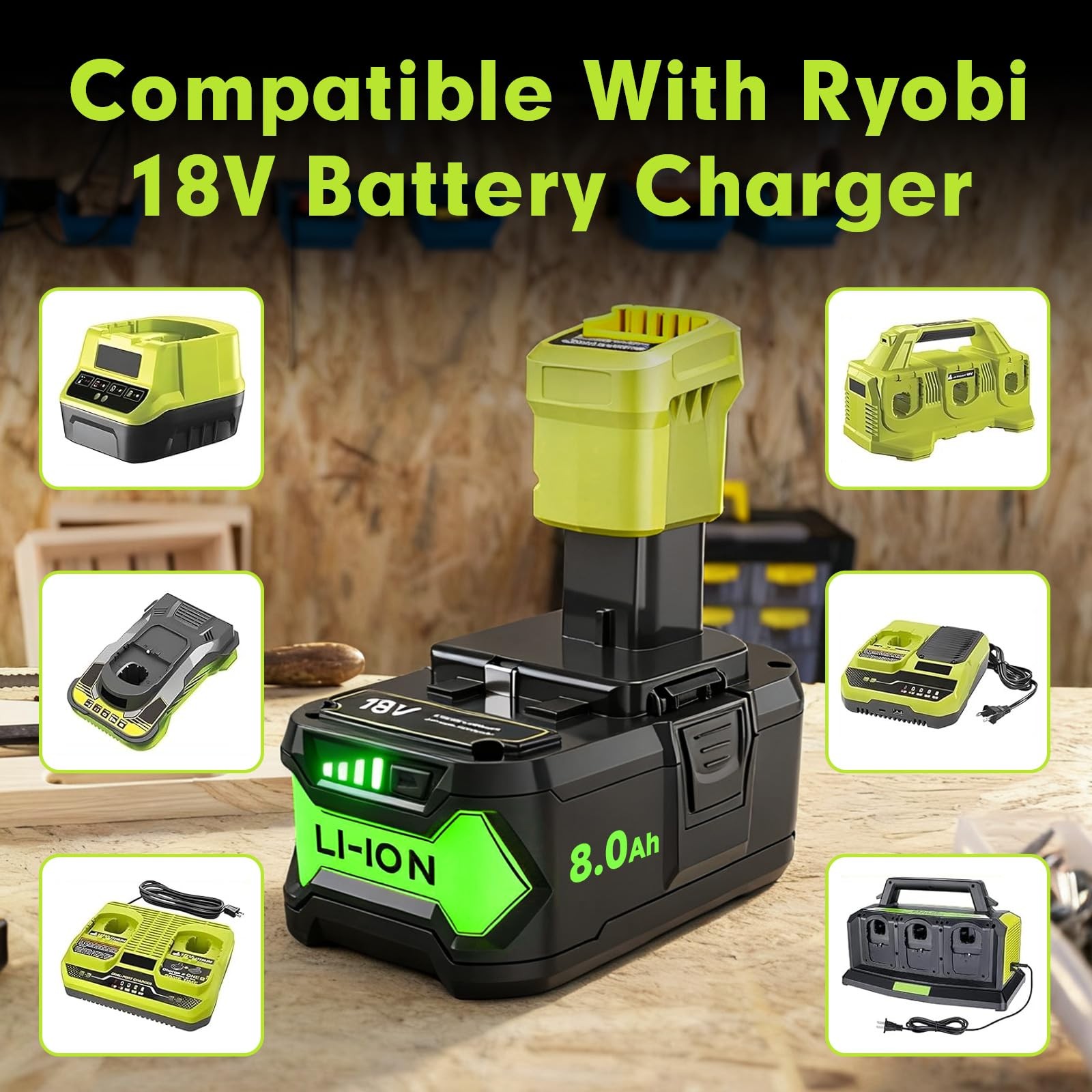 2Pack 8.0Ah P108 Repacement for Ryobi 18 Volt Battery and Charger Green-1 8.0