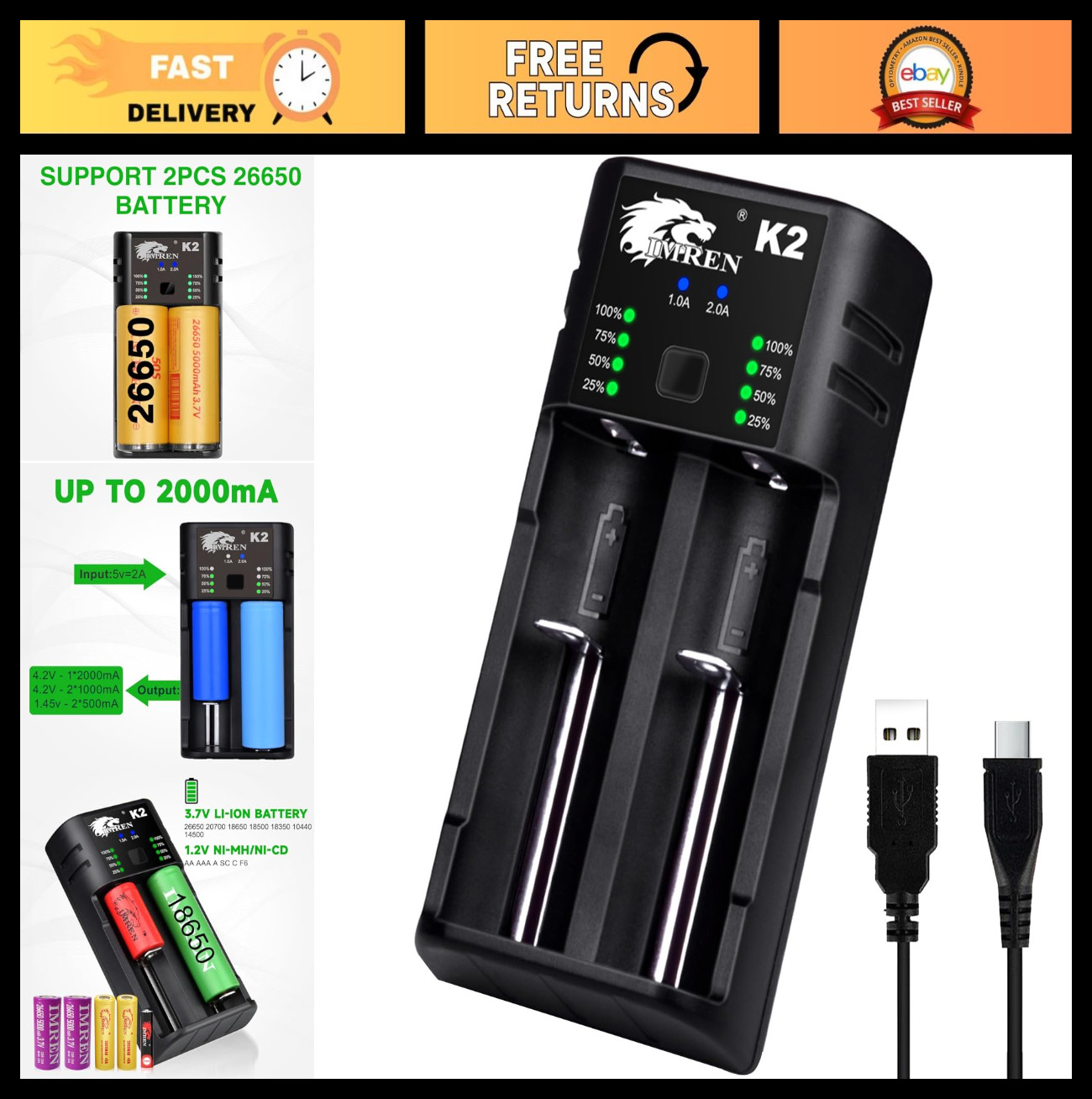 26650 Battery Charger – 3.7V Li-ion & 1.2V Ni-MH/Ni-Cd, 2 Bay USB C, Fast Chargi