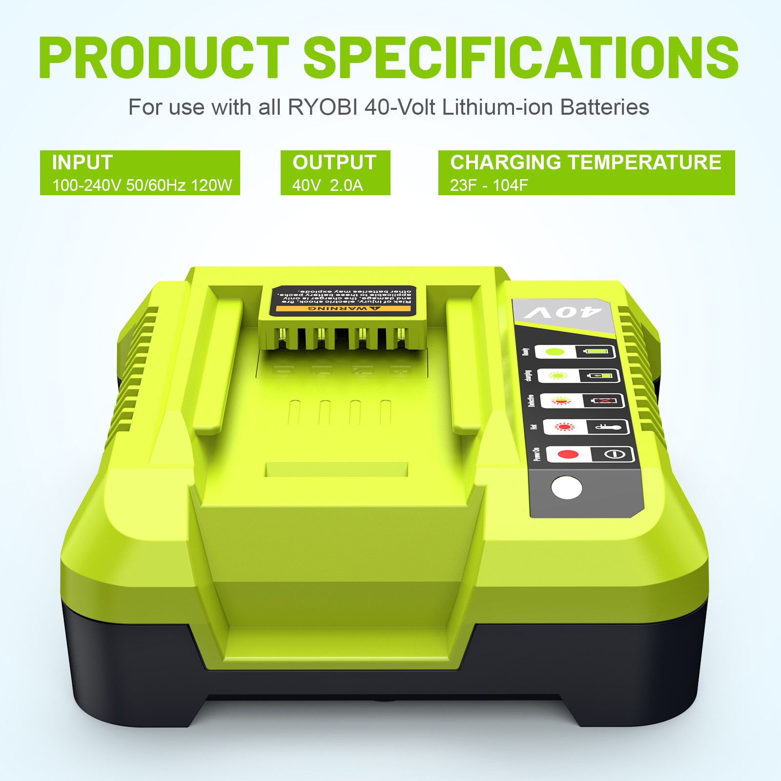 40V Rapid Charger For Ryobi 40 Volt OP406VNM Lithium Battery OP408VNM OP40602