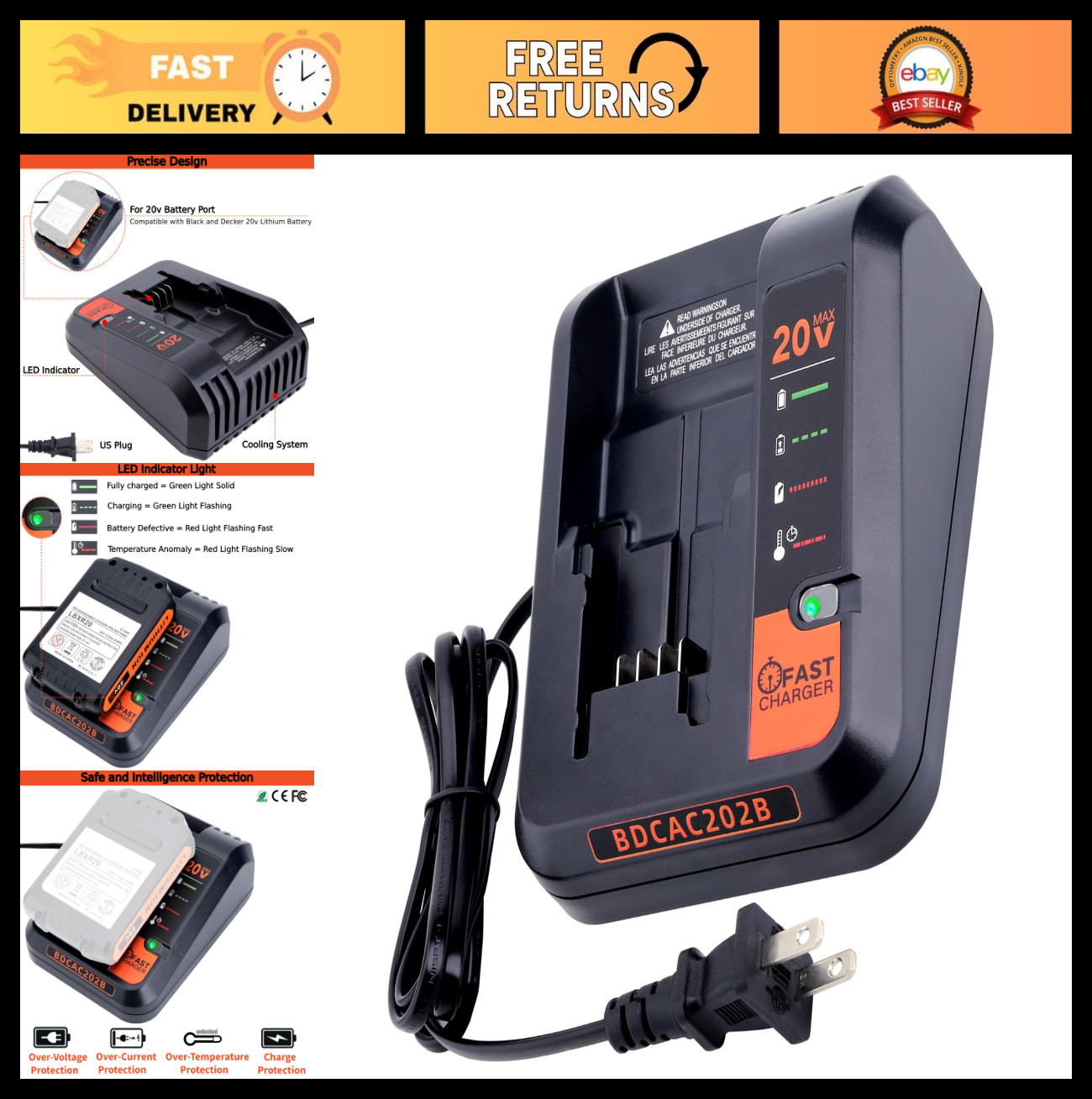 Fast Charger 2.0A for 20V 12V Lithium Battery Replacement – Compatible with Blac